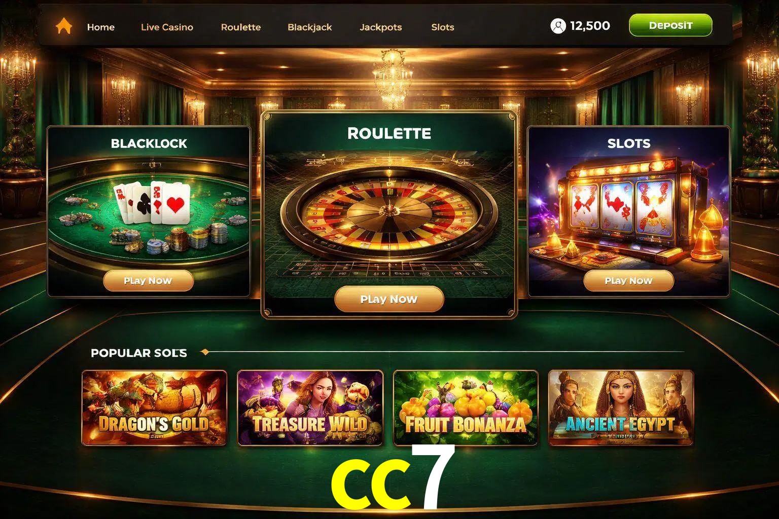 Vista de la plataforma cc7 Casino mostrando categorías organizadas de juegos en línea