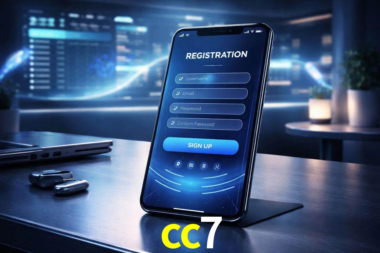 Una interfaz moderna de registro móvil para cc7 mostrada en un smartphone con un panel de apuestas elegante.